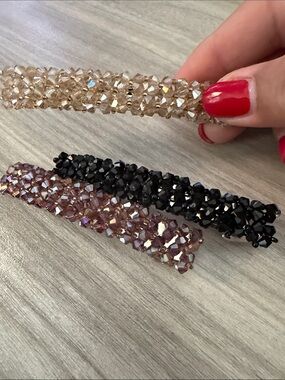 New Crystal Beaded Barrette Set - Black, Rose, Champagne